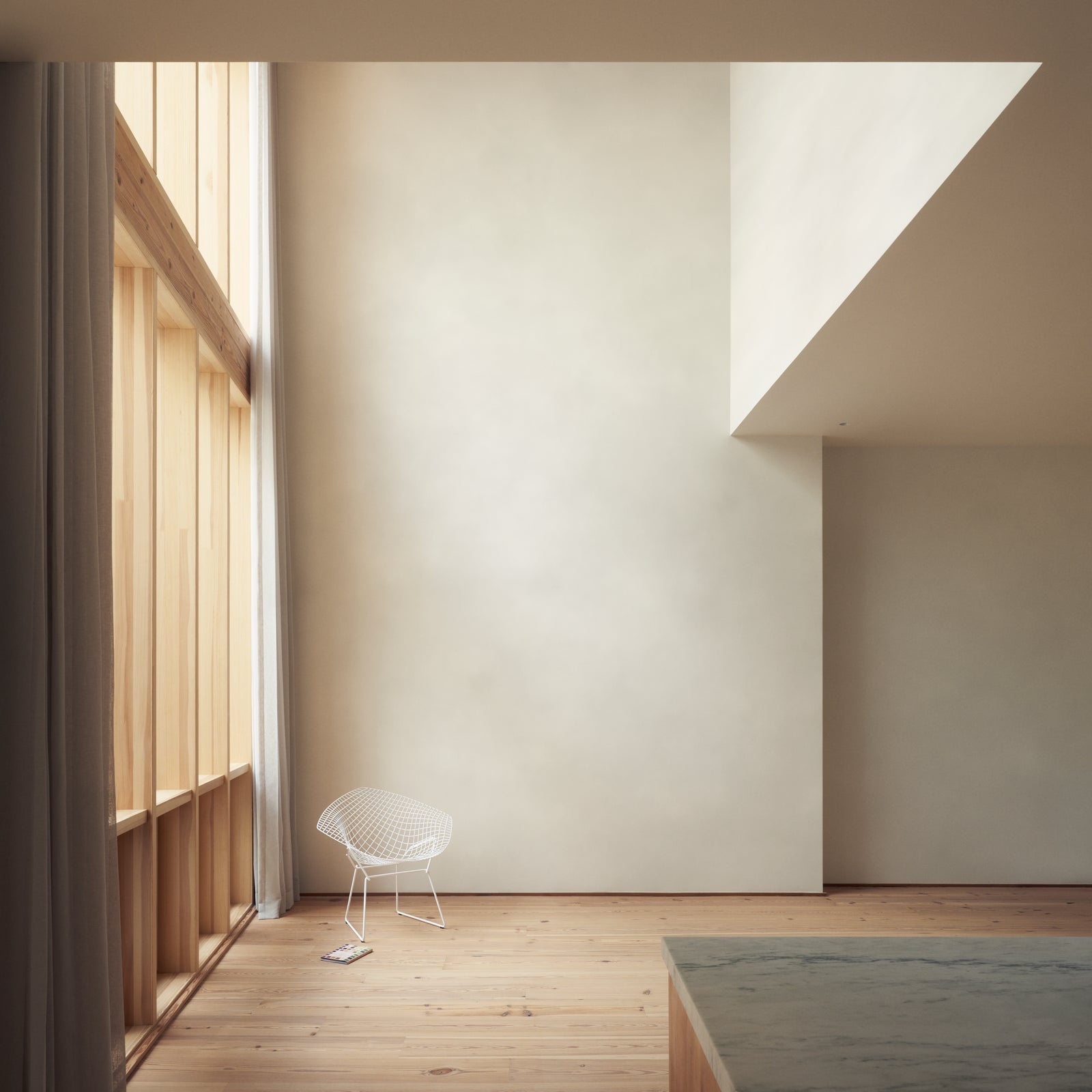 Natural light floods through vertical wood slats, casting gentle shadows across wide-plank floors in a moment of calm transparency.