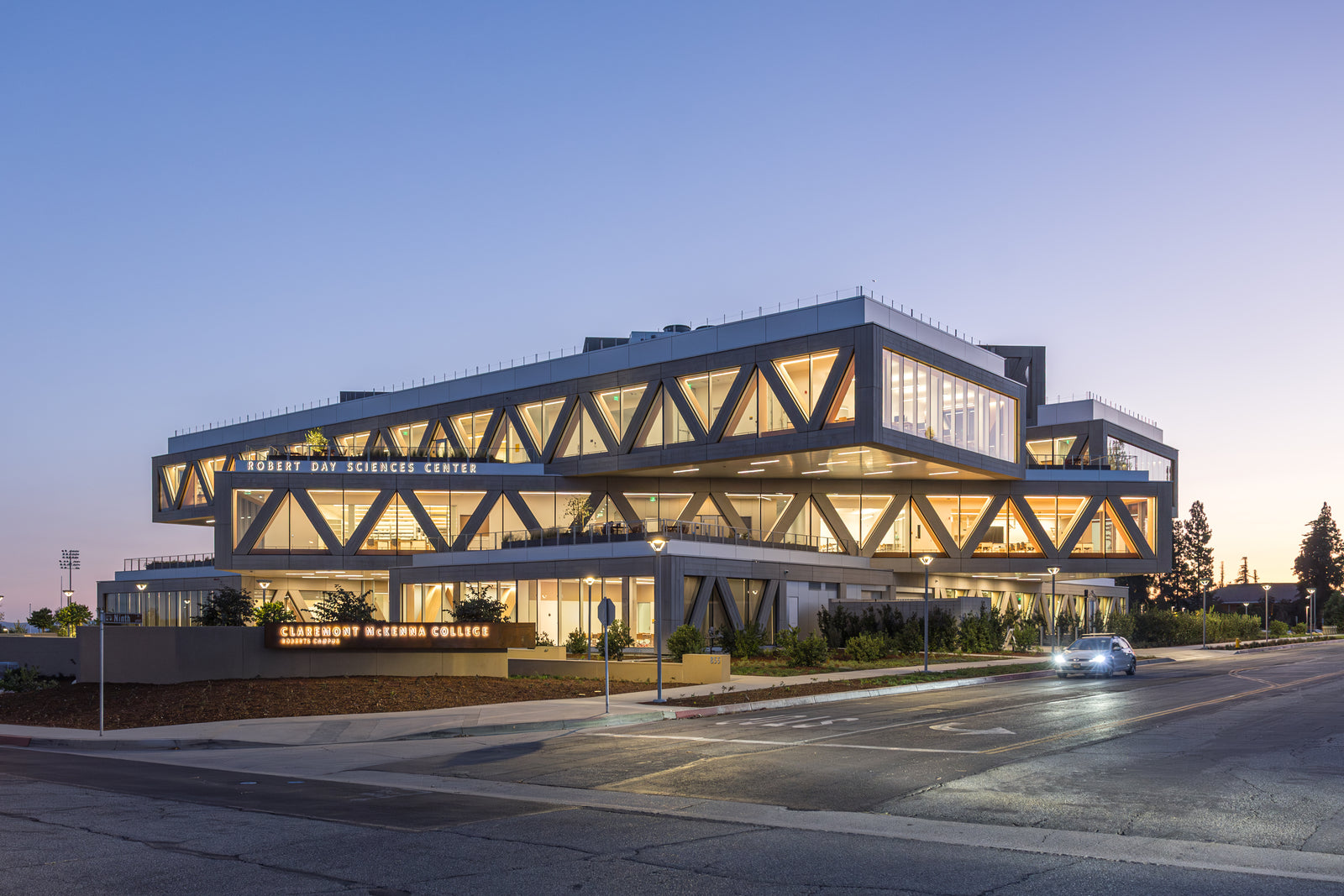 Distinctive volumes stacked on top of another defines the Robert Day Sciences Center's stands as a marvel of innovation on the Claremont Mckenna College campus.